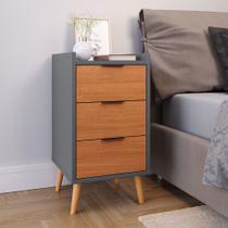 Mesa De Cabeceira Retrô Quarto Mesa Lateral Canto Decorativo Toni 3 Gavetas Cinza Com Cinamomo G2 Plus