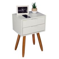 Mesa de Cabeceira Retrô Vintage 40cm Branca Criado 2 Gavetas Quarto Pé Palito de Madeira Maciça