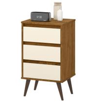 Mesa de Cabeceira Retrô Wood 3 Gavetas Mesinha Decorativa Quarto Lateral Cama - Freijó/Off White