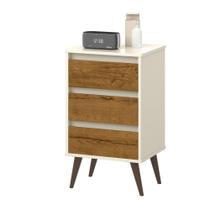 Mesa de Cabeceira Retrô Wood 3 Gavetas Off White Freijó Quarto EJ Móveis