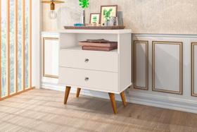 Mesa de Cabeceira STA Estilo Retrô Com Pés Palito 2 Gavetas Com Puxadores Cromados e Nicho Cor Off White Mesa de Cabeceira STA Estilo Retrô Com Pés Palito 2 Gavetas Com Puxadores Cromados e Nicho Cor Off White