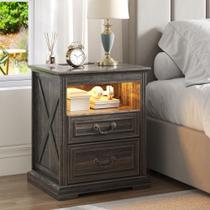 Mesa de cabeceira TAGELIER com carregador de gaveta de armas LED marrom claro Mesa de cabeceira TAGELIER com carregador de gaveta de armas LED marrom claro