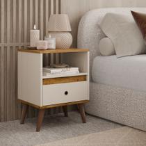 Mesa de Cabeceira Ted com 1 gaveta e nicho pés palito - Off White com Freijó