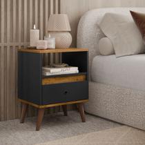 Mesa de Cabeceira Ted com 1 gaveta e nicho pés palito - Preto com Freijó