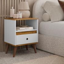 Mesa de Cabeceira Ted com nicho 1 gaveta e pés palito - Branco com Freijó