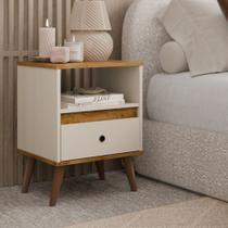 Mesa de Cabeceira Ted com nicho 1 gaveta e pés palito - Off White com Freijó