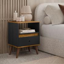 Mesa de Cabeceira Ted com nicho 1 gaveta e pés palito - Preto com Freijó