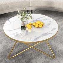 Mesa de café HLR redonda com tampo de mármore sintético branco 90cm Mesa de café HLR redonda com tampo de mármore sintético branco 90cm