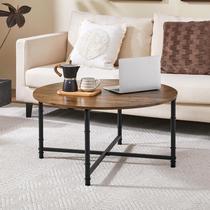 Mesa de café Yaheetech redonda de madeira rústica com pernas de metal 90cm