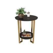 Mesa de Canto Apoio 2 Tampos Pés Dourado - Preto