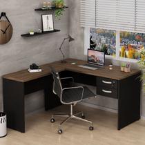 Mesa de Canto em L para Escritório com Gaveta 2 Gavetas 140cm Nogal Marrom