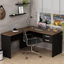 Mesa De Canto em L Para Escritório com Gaveta 2 Gavetas 140cm Nogal