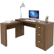 Mesa De Canto Para Escritório Em L Angular Com 3 Gavetas Nogal