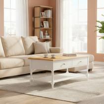 Mesa de Centro 2 Gavetas Branco 100cm Tampo de Madeira Maciça e Pés Torneados Louise