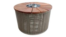 Mesa de centro 70' bowl 27cm inox tampo madeira Cumaru formato pizza - Material corda náutica