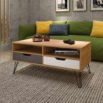 Mesa de Centro Estocolmo Carvalho/Grafite/Branco 2 Gaveta 2 Nichos e 4 Pés - Artely