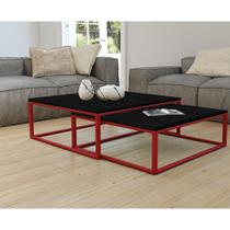 Mesa de Centro Industrial Duo Catarina Tampo Preto Base Ferro Vermelho