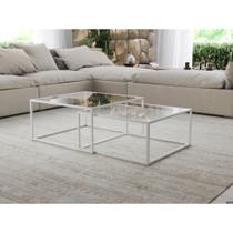 Mesa de Centro Industrial Moderna Atemporal Duo Catarina Branco e Tampo de Vidro Mesa de Centro Industrial Moderna Atemporal Duo Catarina Branco e Tampo de Vidro