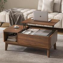 Mesa de centro LYNCOHOME com tampo elevatório, acabamento em nogueira e armazenamento Mesa de centro LYNCOHOME com tampo elevatório, acabamento em nogueira e armazenamento
