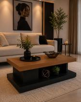Mesa de Centro Moderna 60x40x40 cm MDF Preto com Amadeirado para Sala