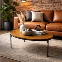 Mesa De Centro Moderna Oval Madeira Pés Ferro Preto Para Sala 80x40cm