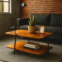 Mesa De Centro Moderna Retangular Madeira Maciça Imbuia Pés Ferro Preto Para Sala Quarto Funcional