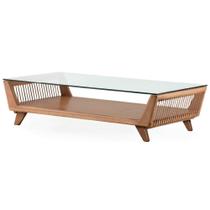 Mesa de Centro Odara Ozki 140 cm Madeira Eucalipto Cedro Corda Redonda Canela e Tampo de Vidro