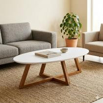Mesa De Centro Oval Orgânica 90x45 MDF Branco Base Geométrica Retrô Sala Estar Mesa De Centro Oval Orgânica 90x45 MDF Branco Base Geométrica Retrô Sala Estar