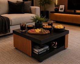 Mesa De Centro Preta 60cm Com Ripado Louro Freijó Moderna Mesa De Centro Preta 60cm Com Ripado Louro Freijó Moderna