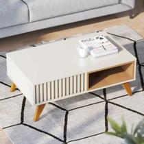 Mesa de Centro Retangular 1 Nicho Pés em Madeira Maciça Jeri Móveis Branco Off White/Freijó Mesa de Centro Retangular 1 Nicho Pés em Madeira Maciça Jeri Móveis Branco Off White/Freijó