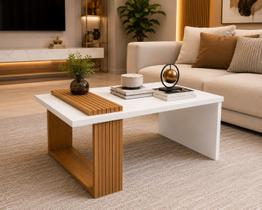 Mesa de Centro Retangular Moderna 60x40x40 MDF Branco e Amadeirado com Detalhe Ripado para Sala Mesa de Centro Retangular Moderna 60x40x40 MDF Branco e Amadeirado com Detalhe Ripado para Sala