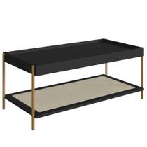 Mesa de Centro Retangular Oslo Artesano 93 cm (larg) MDP Nero Palha Sintética Bege Pé Metal Dourado