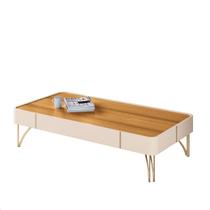 Mesa De Centro Retangular P/ Sala Estar Escritório Cantos Arredondados Filetes Decorativos Pés de Aço Maciço Cadenza