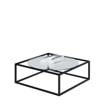 Mesa De Centro Sala 64x64x33cm Aço Preto e Vidro Industrial Moon
