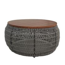 Mesa de Centro Sala Alumínio Corda Náutica Tampo Madeira