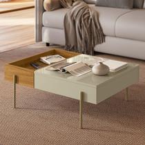 Mesa de Centro Sala de Estar Retangular com Bandeja Integrada Pés em Dourado Leme Bege Mesa de Centro Sala de Estar Retangular com Bandeja Integrada Pés em Dourado Leme Bege