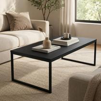 Mesa De Centro Sala Estilo Industrial 80x40cm Retangular Base Aço Tampo MDF Preto Apoio Moderna
