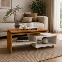 Mesa de Centro Sofisticada Sala Estar Decoração Com Nicho Organizador e Prateleira Luxo Nature Off White