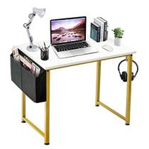 Mesa de computador pequena LUFEIYA Mesa de trabalho branca para escritório doméstico Espaços pequenos 31 polegadas Modern Student Study Laptop PC Mesas com pernas douradas Bolsa de armazenamento Gancho para fone de ouvido, ouro branco