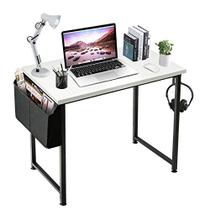 Mesa de computador pequena LUFEIYA Mesa de trabalho branca para escritório doméstico Espaços pequenos 31 polegadas Modern Student Study Laptop PC Writing Desks com bolsa de armazenamento Gancho de fone de ouvido, branco preto