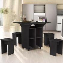 Mesa De Cozinha Dobrável 90cm Annie C/ Bancos e Rodizio 100% Mdf -Preto