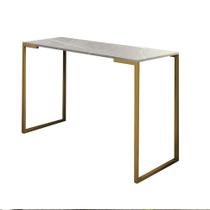 Mesa De Escritório Computador 90cm Stan Industrial Ferro Dourado MDF Marmorizado Cinza - Ahz Móveis