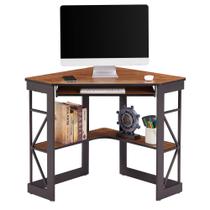 Mesa de Escritório de Canto VECELO com Bandeja para Teclado em Teca