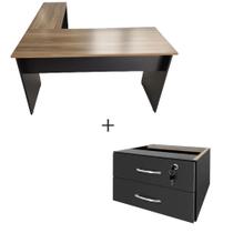 Mesa de Escritório em L com Gavetas Mesa 1,50m + Mesa Auxiliar WORDSTAR NOGAL MÁLAGA/PRETO