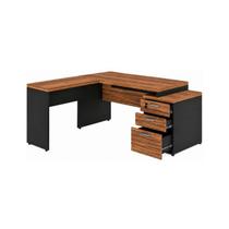 Mesa de Escritório em L com Gaveteiro e Chave Móvel Organizador Premium Nogal Sevilha Preto 21406