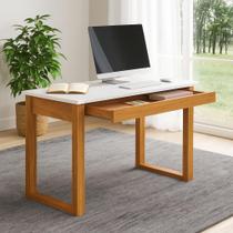Mesa de Escritório em Off White e Freijó 1 Gaveta 118cm Industrial Freijo e Off White Branco