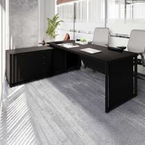 Mesa de Escritório Executiva com Armário Lateral e Caixa de Tomadas 3 Gavetas 200cm Corporate Preto