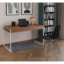 Mesa de Escritório Industrial Malta Amêndoa 137x53cm Base Ferro Branco com 1 Cadeira Preta Eames Eif