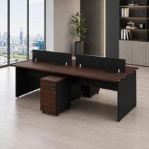 Mesa de Escritório Plataforma 4 Pessoas 2,40m x 1,20m com 2 Gaveteiros e Divisória Louro Preto F5