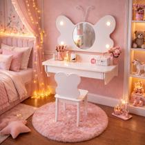 Mesa de Estudos e Penteadeira Infantil 2 em 1 Branca com Espelho LED, Gaveta e Cadeira Borboleta em MDF
